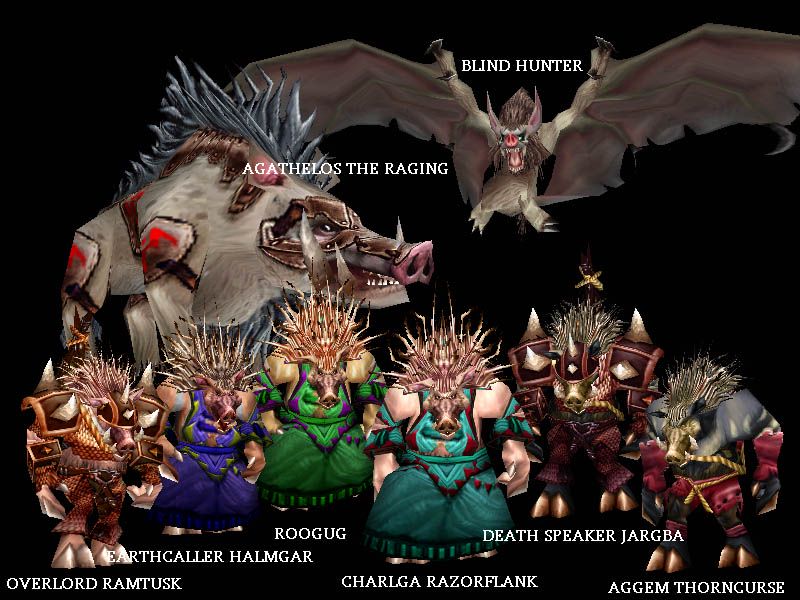 The bosses of the original Razorfen Kraul; Aggem stands at the far right