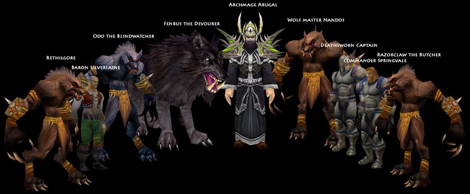 The bosses of Shadowfang Keep in their original models; the Deathsworn Captain is the translucent warrior on the right