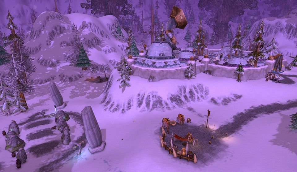 Everlook in Winterspring at night, a common remote place to set a hearthstone