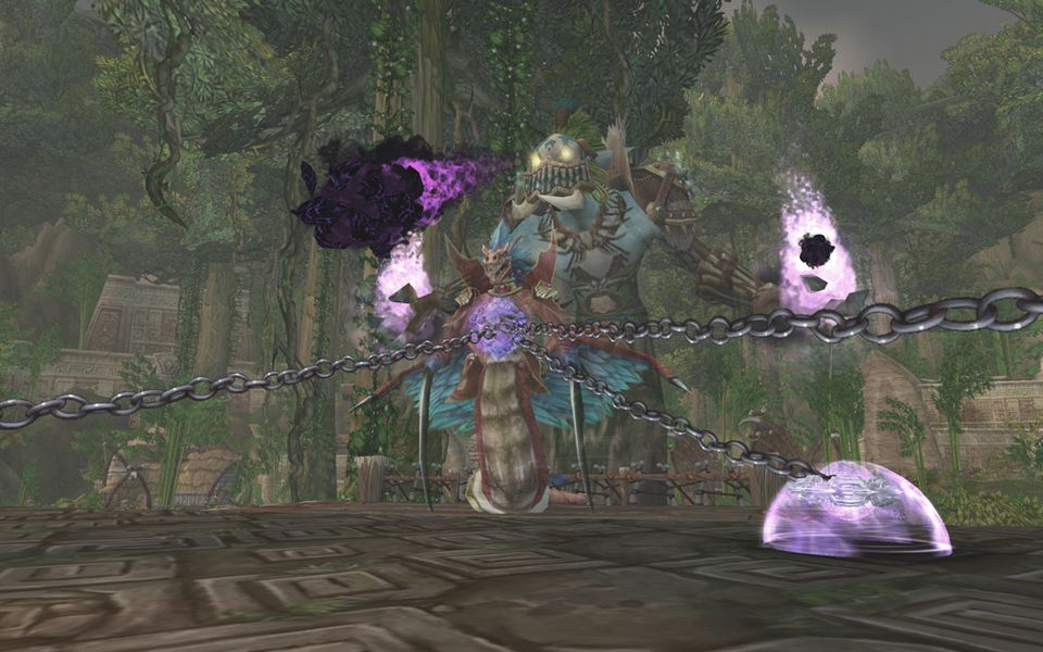 Jin'do the Godbreaker beside the chained Hakkar in Cataclysm's Zul'Gurub