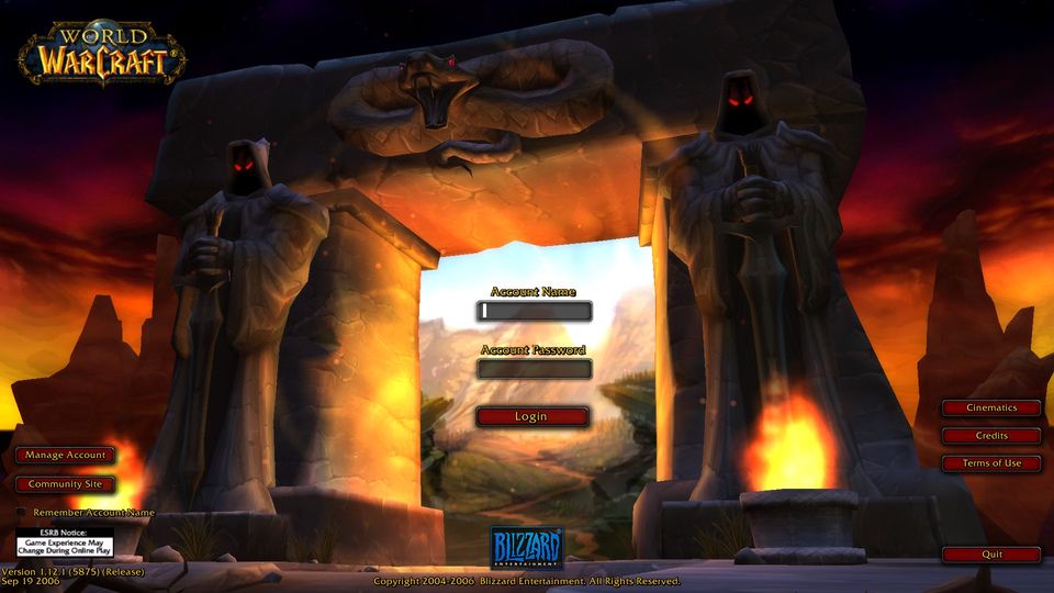 The original login screen, where many players waited in queues