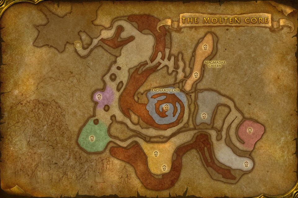 The in-game map of Molten Core; Lucifron stands near the entrance