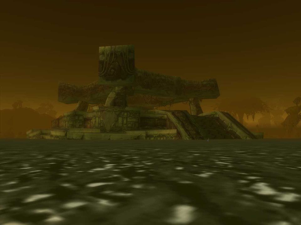 The tip of the temple rising from the lake in the Swamp of Sorrows