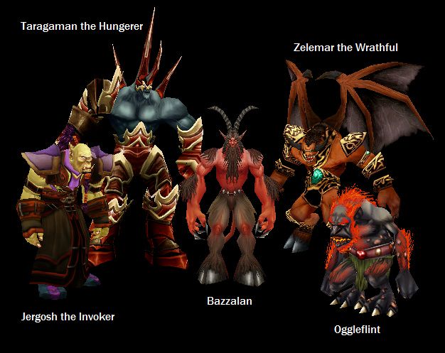 The Ragefire Chasm bosses together: Jergosh, Taragaman, Bazzalan and Oggleflint, with the demon Zelemar