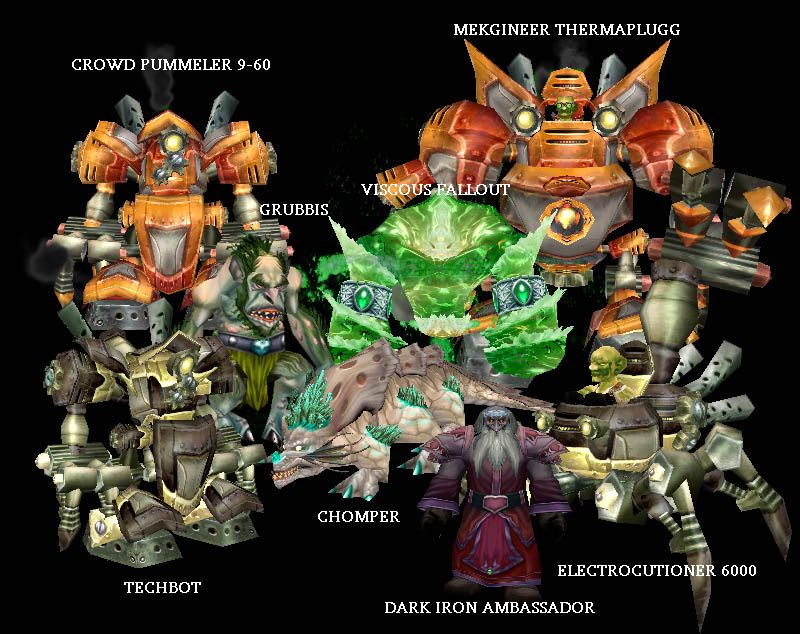 The bosses of Gnomeregan in their original models; Viscous Fallout is the green elemental in the middle